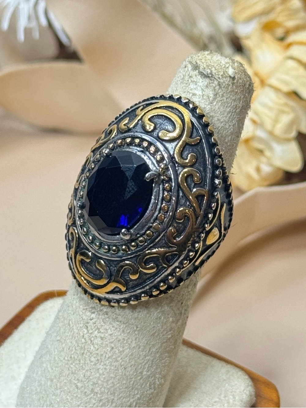 Blue Oval Stone Two Tone Ornate Statement Ring Size 6